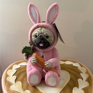 Humane Society Resin Easter Pug Dog with Carrot in Fuzzy Pink Bunny Rabbit Suit